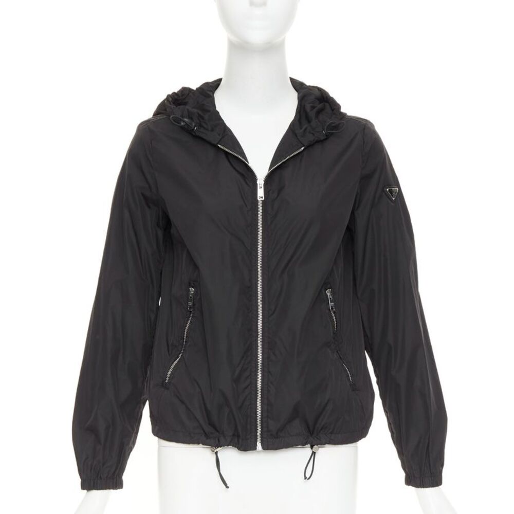 Prada Re-Nylon black silver triangle logo hooded windbreaker